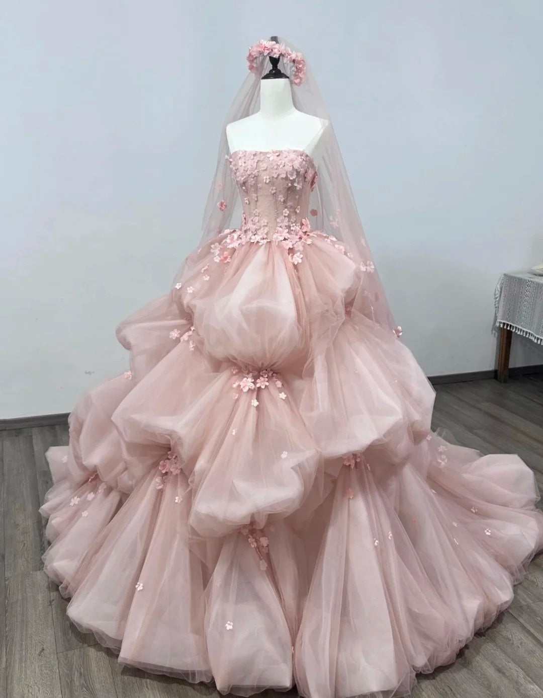 Rosa Wunderschöne Exquisite Floral Lange Tüll Bodenlangen Ballkleid Abendkleid Partykleid Brautkleid gh3839