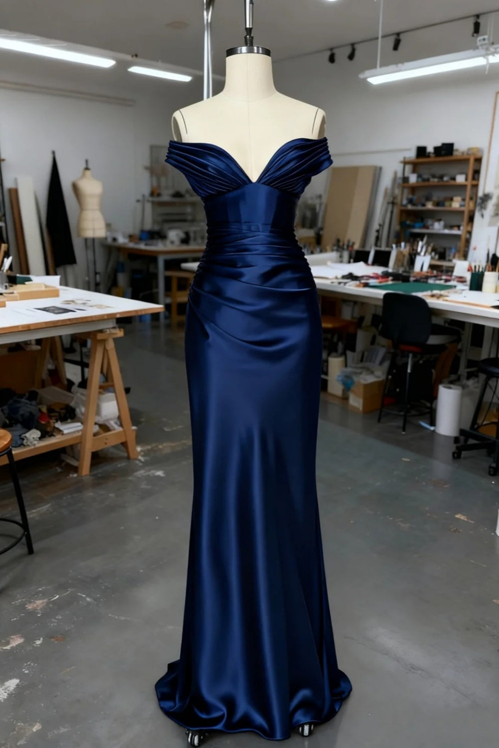 girlhomeshops - Robe longue en satin bleu élégant et simple gh6168