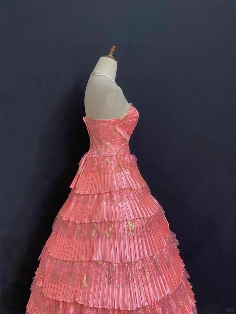 Pink Strapless Long Romantic Gown, Cinched Waist, Voluminous Tiered Cake Skirt, Wedding & Bridal Dress gh8313