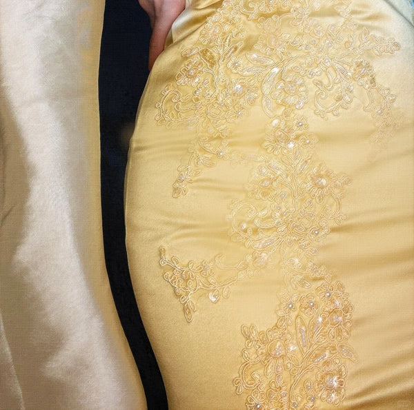 Gelb wunderschöne exquisite Perlen lange Satin Ballkleid Abendkleid Partykleid gh4499