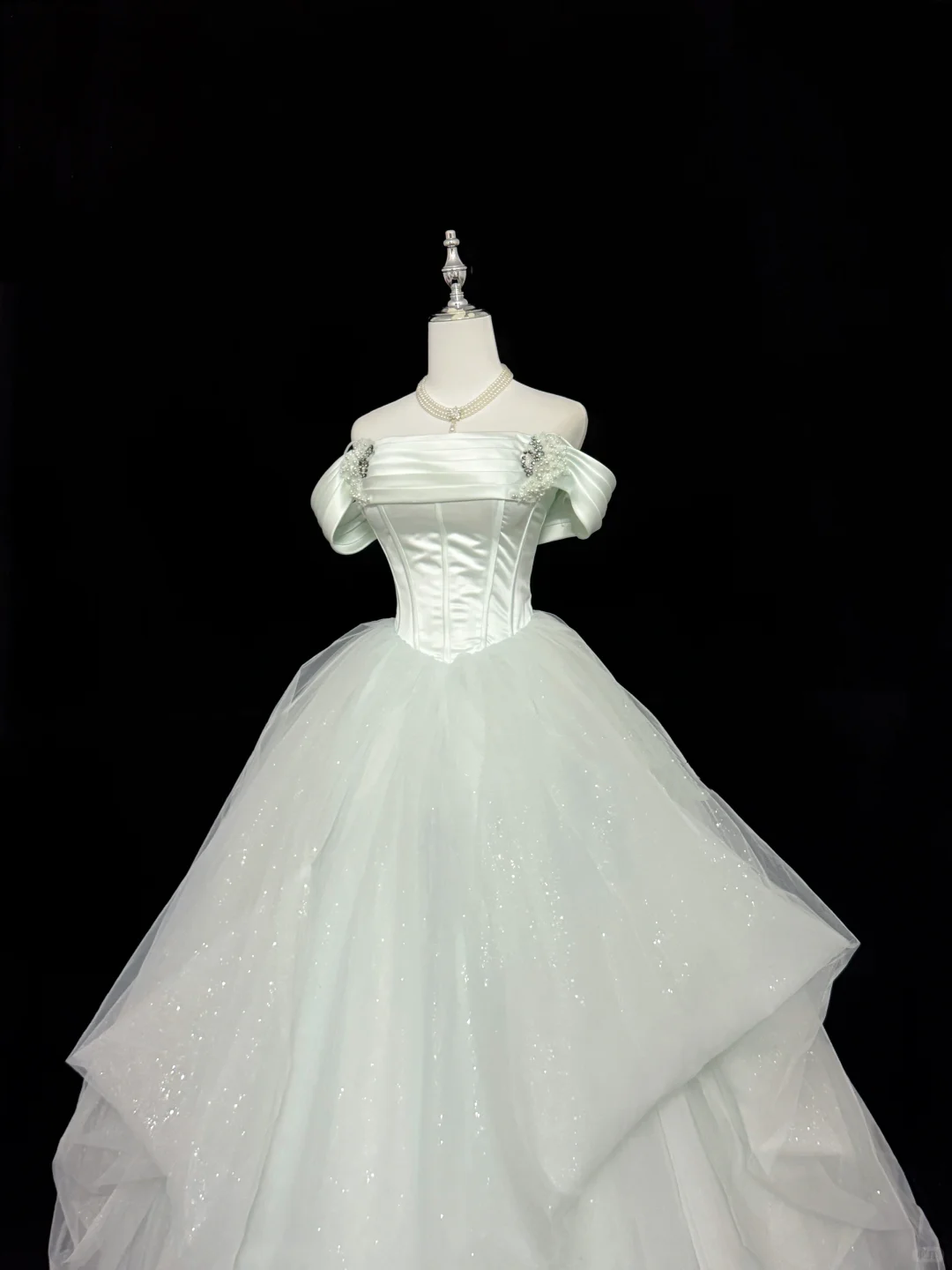 Sage Green Off-the-Shoulder Cinched Waist Voluminous Princess Skirt Long Romantic Dress, Wedding Gown gh7865