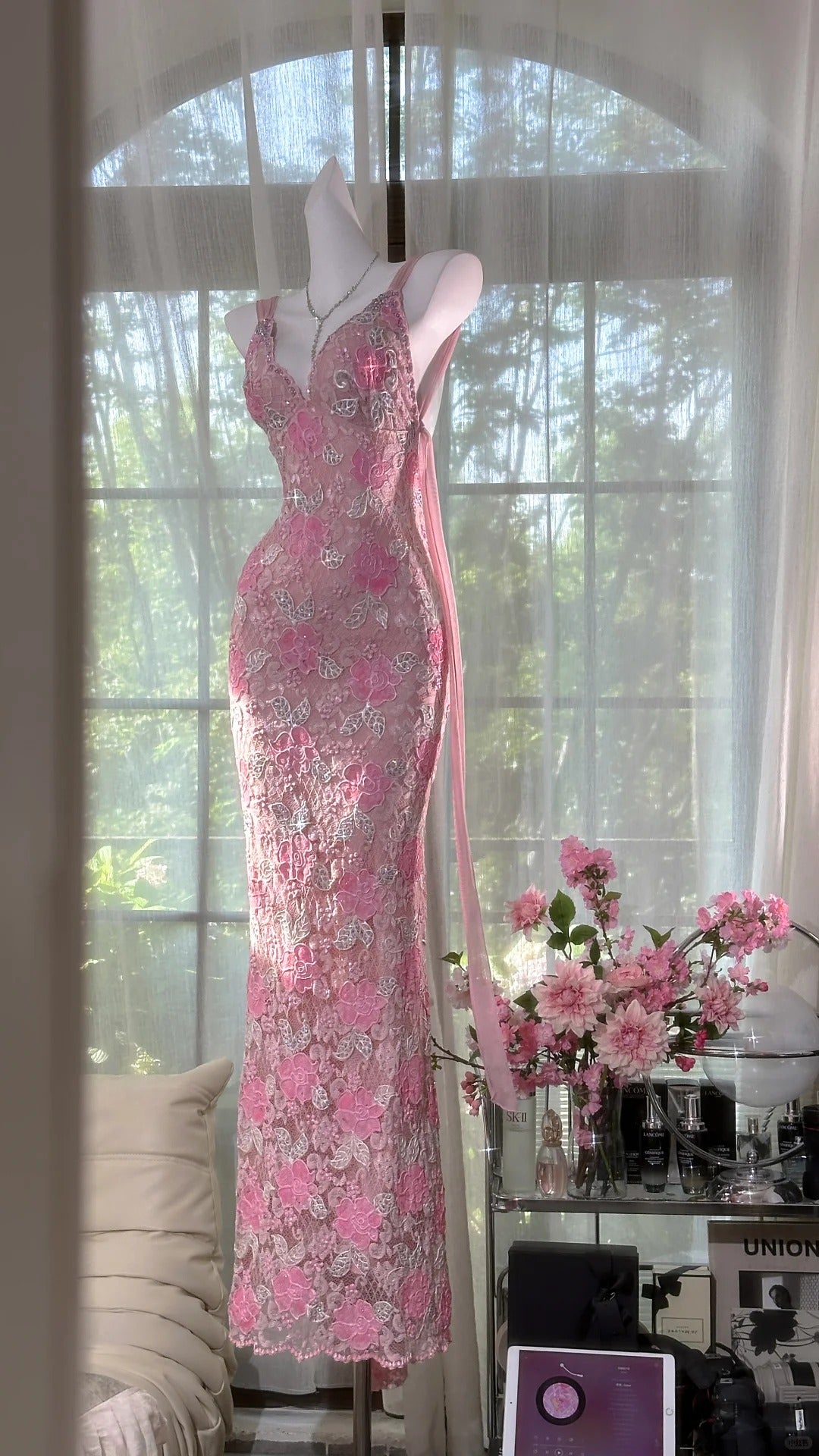 Rosa florales Vintage Perlen Spitzen langes Ballkleid Abendkleid Partykleid gh4819