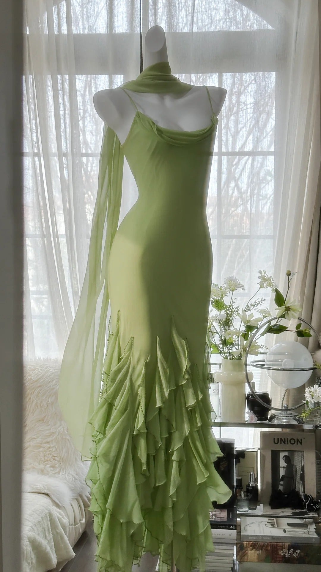 Grünes stilvolles elegantes Spaghettiträger-Lang-Rüschen-Meerjungfrauen-Slim-Fit-Chiffon-Ballkleid-Geburtstags-Partykleid-Abendkleid-Abschlussballkleid gh3976
