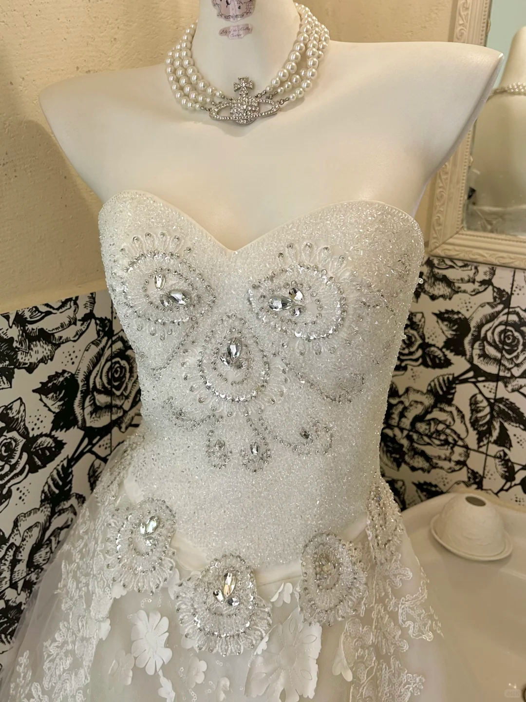 Ivory Strapless Rhinestone Cinched Waist Lace Skirt Long Romantic Dress, Wedding Gown gh7821