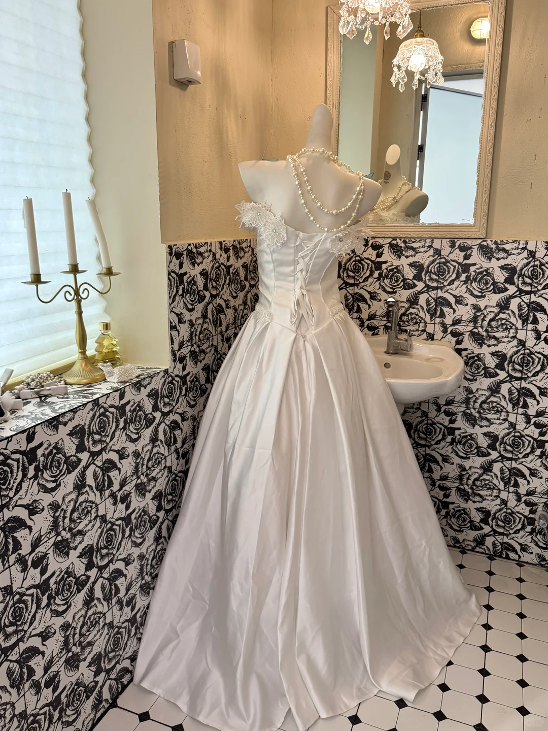 White Satin Strapless Floral Embroidered Waist-Cinched Draped Long Romantic Dress, Wedding Gown gh7596
