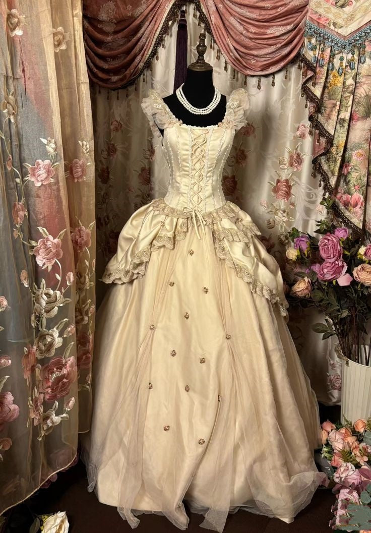 Robe de soirée longue en satin et tulle, élégante et exquise, style vintage, couleur champagne, en dentelle perlée, gh3353