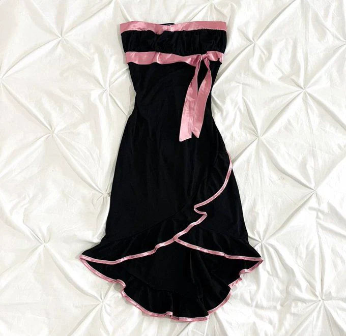 Robe de soirée élégante à volants avec nœud rose et ruban, tenue de soirée, de fête d'anniversaire, courte et mignonne, gh3236