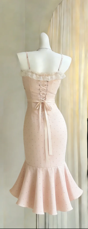 Spaghetti Strap Light Pink Polka Dot Evening Gown Lace Trim High Low Mermaid Formal Dress gh9468