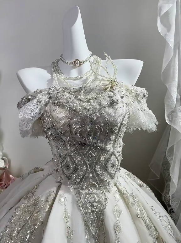 White Off Shoulder Midi Princess Gown, Lace Puff Sleeve Heavy Beaded Sequin A-Line Tulle Party Dress gh9284