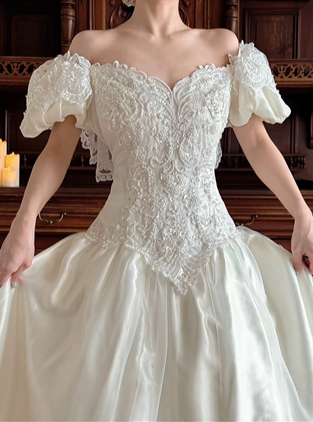 Off‑White Vintage Empire Waist V‑Neck Lace Appliqué Sheer Chiffon Puff Long Sleeve Ruffle Lace Hem Long Prom Gown, Wedding Dress gh8624