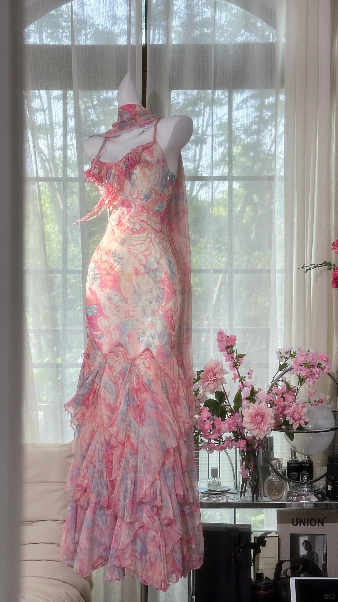 Robe de soirée élégante en mousseline de soie rose, tenue de soirée gh4321