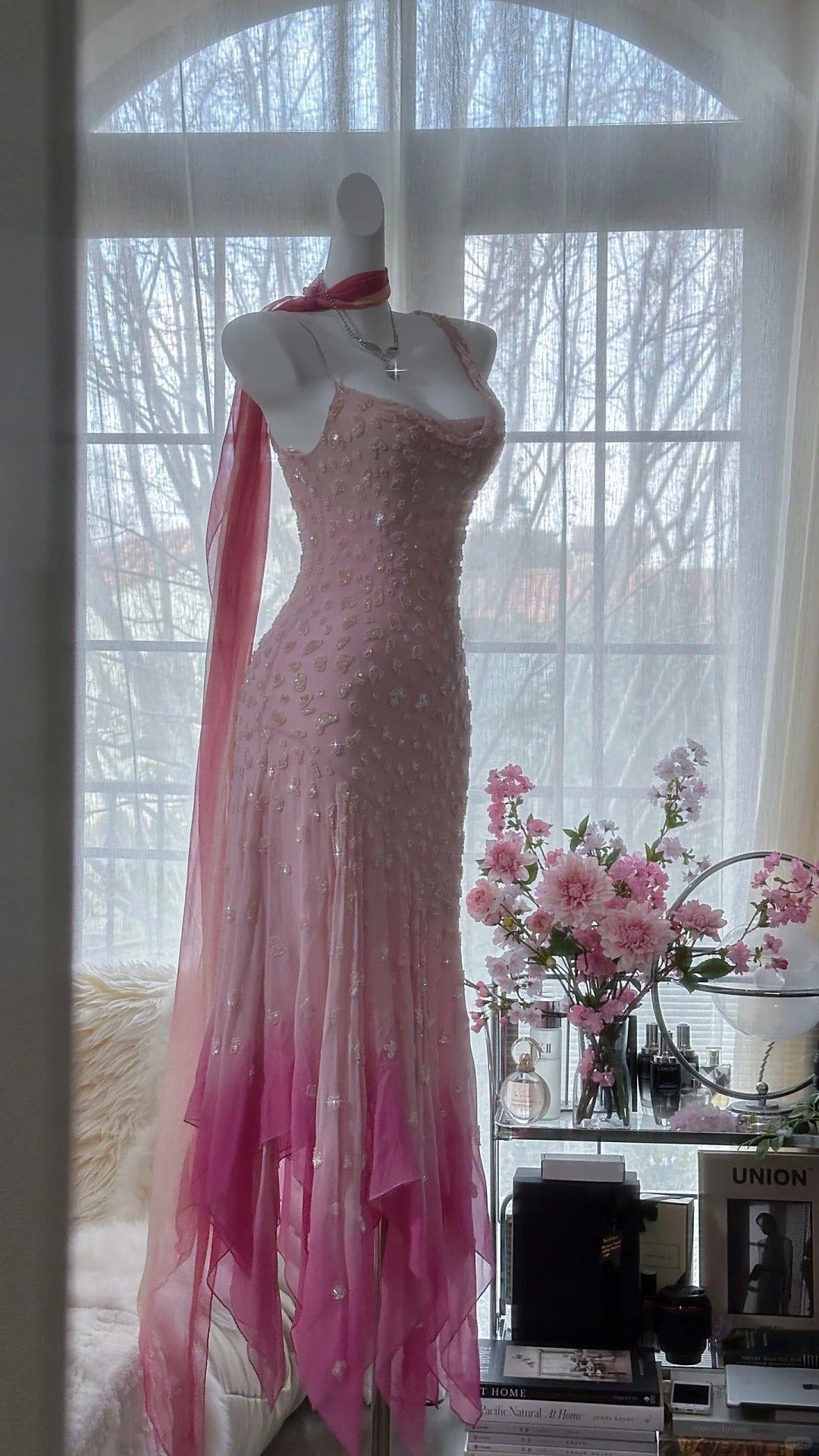 Rosa Farbverlauf Luxus Wunderschöne Retro Mode Exquisite Perlen Lange Chiffon Ballkleid Geburtstag Party Kleid Abendkleid Ballkleid gh3974