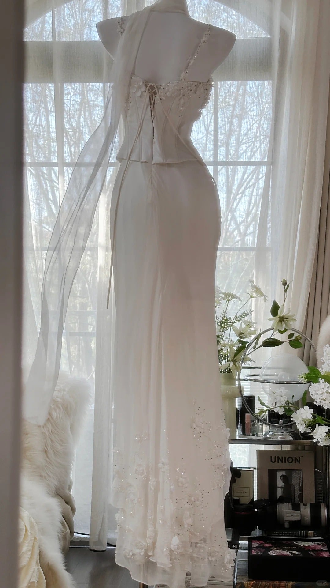 White Elegant Fashion Exquisite Floral Beaded Long Chiffon Ball Gown Evening Dress Party Dress Two Piece Set gh4005