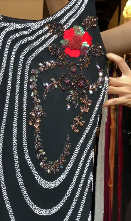 One Shoulder Black Chiffon Prom Dress Hand Beaded Circular Rhinestone 3D Red Flower Vintage Evening Gown gh9825
