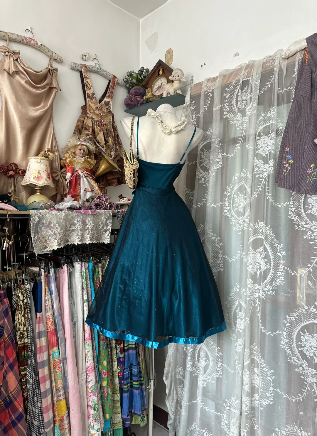 Luxury Vintage Dark Green Spaghetti Strap Fitted Waist Flared Skirt Prom & Evening Party Dress gh8491