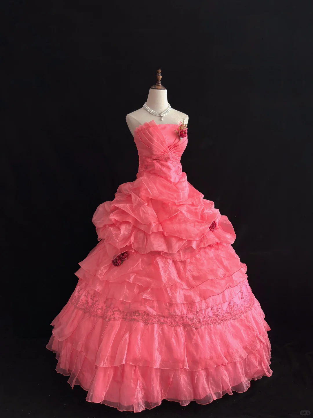 Watermelon Pink Strapless Romantic Gown, Cinched Waist, Fluffy Tiered Cake Skirt, Wedding Dress & Bridal Gown gh8191