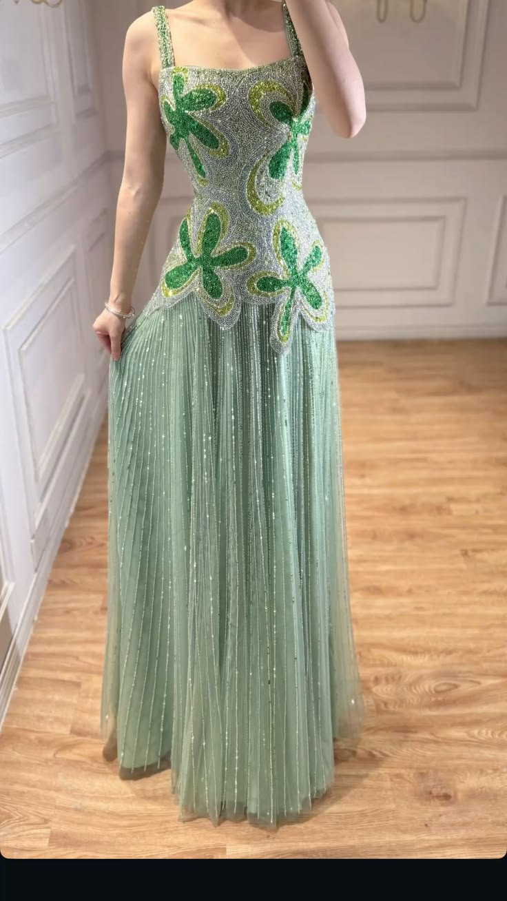 ✨Girlhomeshops-Square Neck Mint Green 3D Floral Beaded Rhinestone Tulle Long Prom Gown gh10233