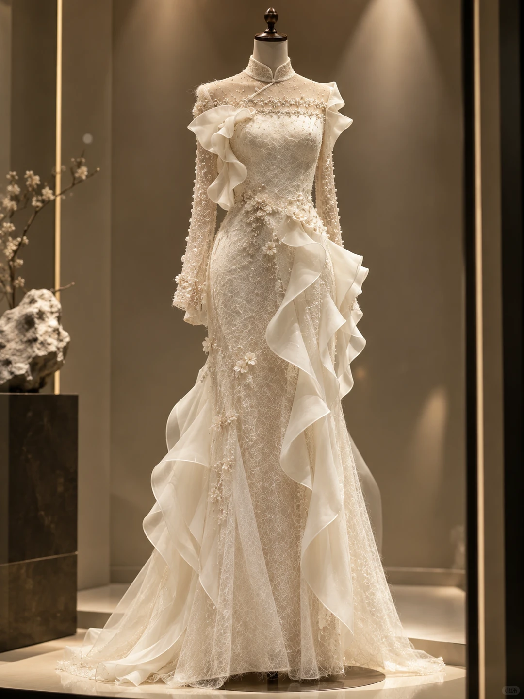 ✨Girlhomeshops-Ivory High Collar Qipao Mermaid Wedding Dress Pearl Beaded Long Sleeve with Ruffles gh10318