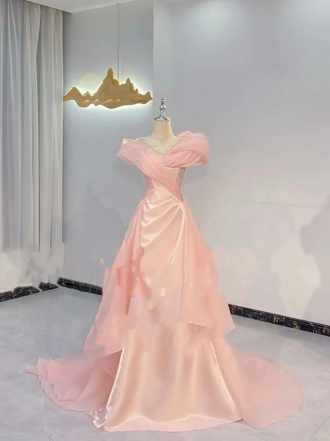 Light Pink Waist-Cinched Fitted Full Skirt Long Evening Dress, Fairy Gown, Romantic Gown gh7400