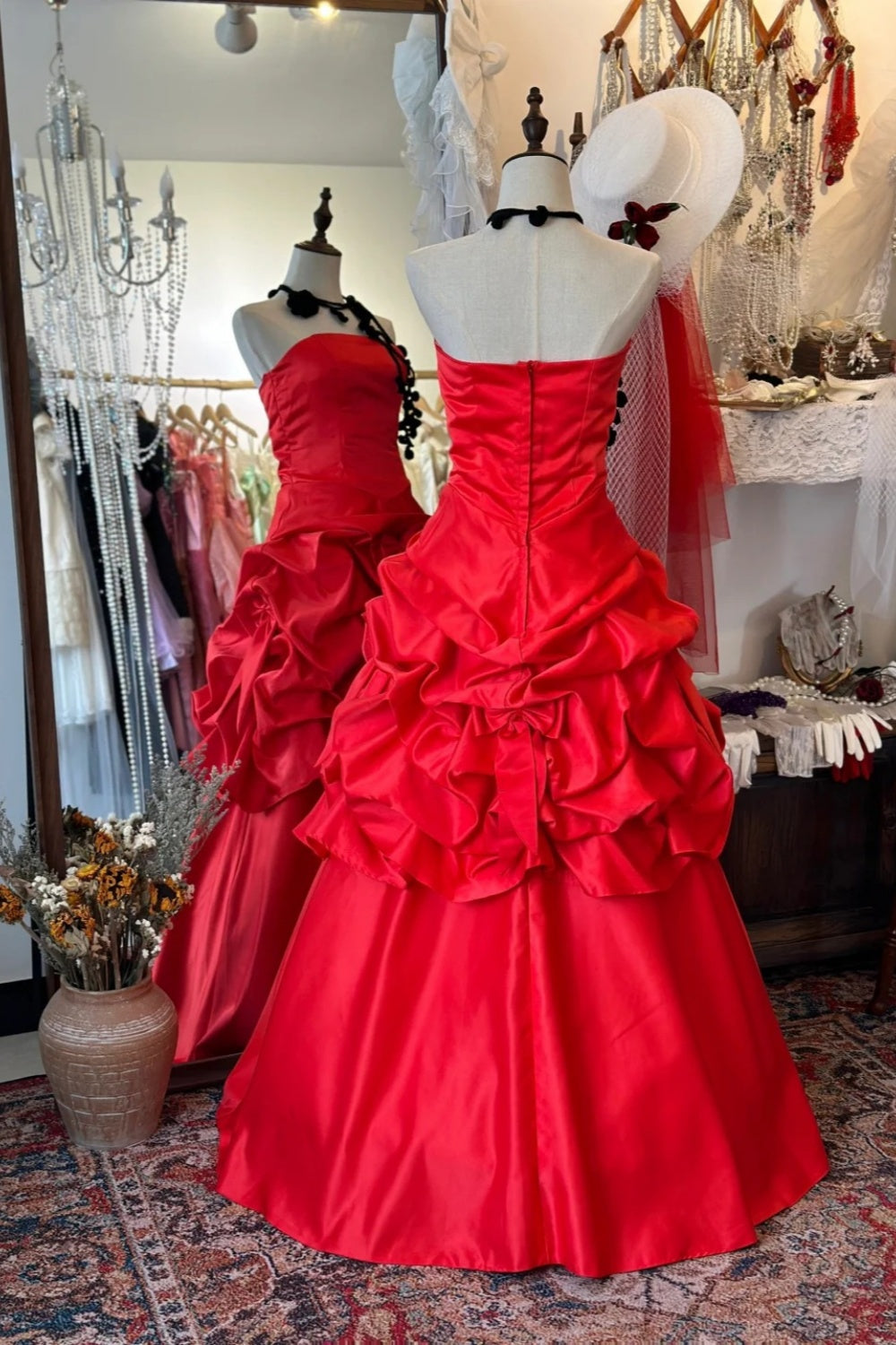 Rotes Retro-Kleid: Satin-Taille, ausgestellter Rock, hochwertiges Partykleid gh6577