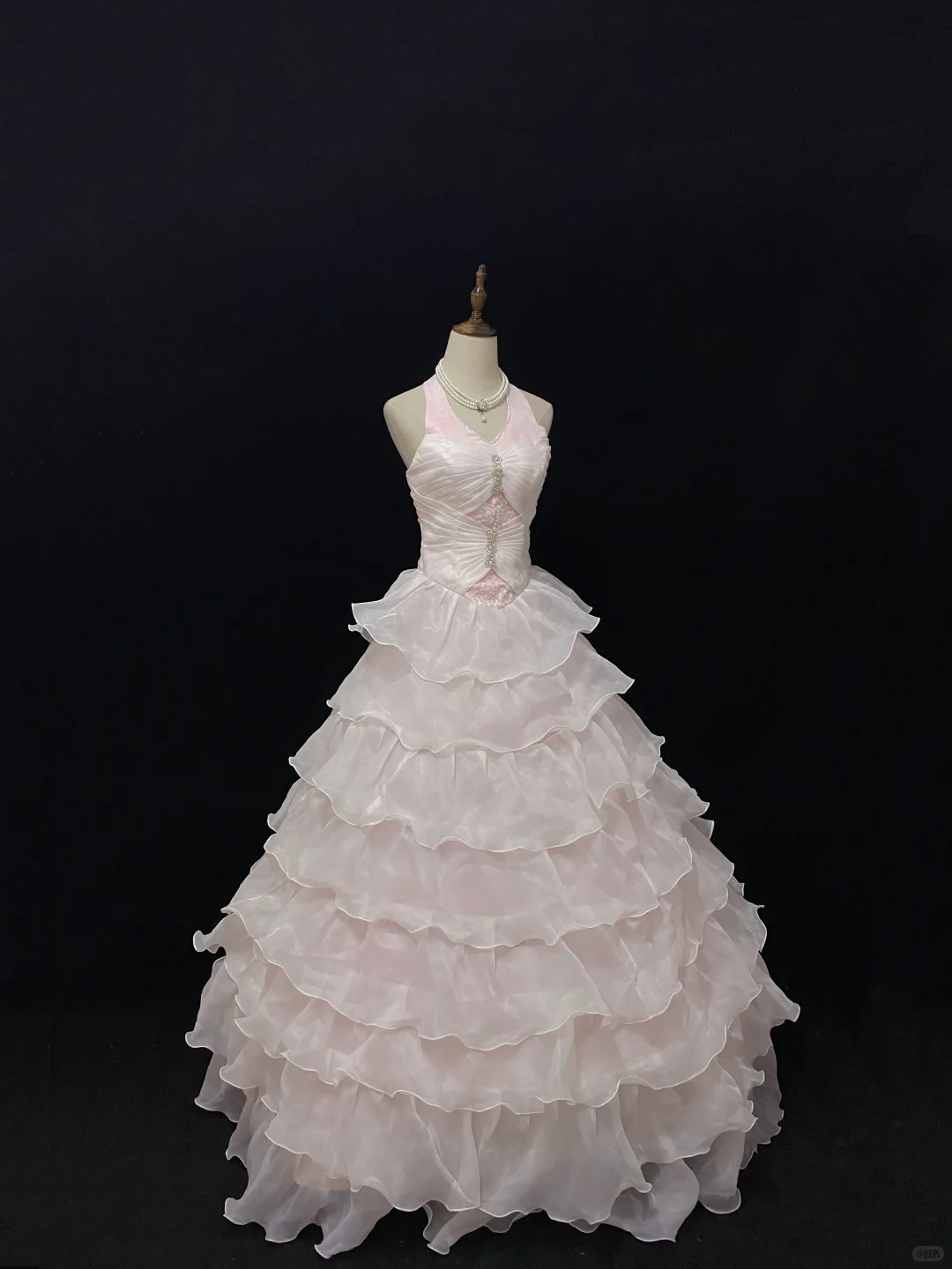 Blush Pink Halter Long Romantic Gown, Cinched Waist, Voluminous Tiered Cake Skirt, Wedding Dress & Bridal Gown gh8153