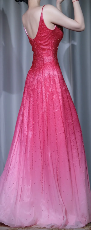 ✨Girlhomeshops-Ombre Red Pink Beaded Spaghetti Strap Long Prom Gown gh10120