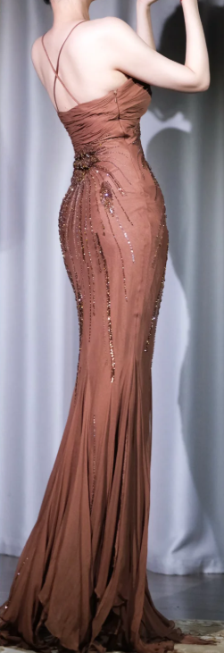 ✨Girlhomeshops-Coffee Beaded Mermaid Evening Gown Spaghetti Strap Deep V High Slit gh10122