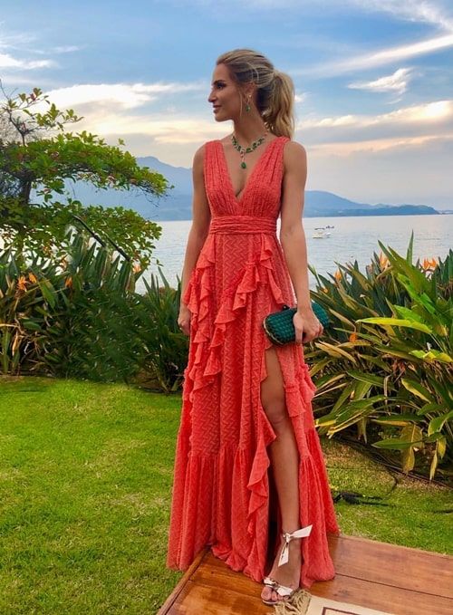 Orange Mode V-Ausschnitt A-Linie gestuft lang elegant Chiffon Rüschen Seitenschlitz Ballkleid Abendkleid Hochzeitsgast Partykleid gh2789