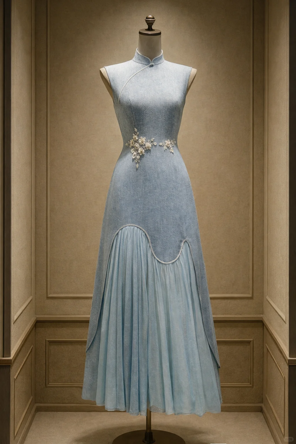 ✨Girlhomeshops-Light Blue Sleeveless Modified Qipao with 3D Flower and Pleated Tulle gh10510