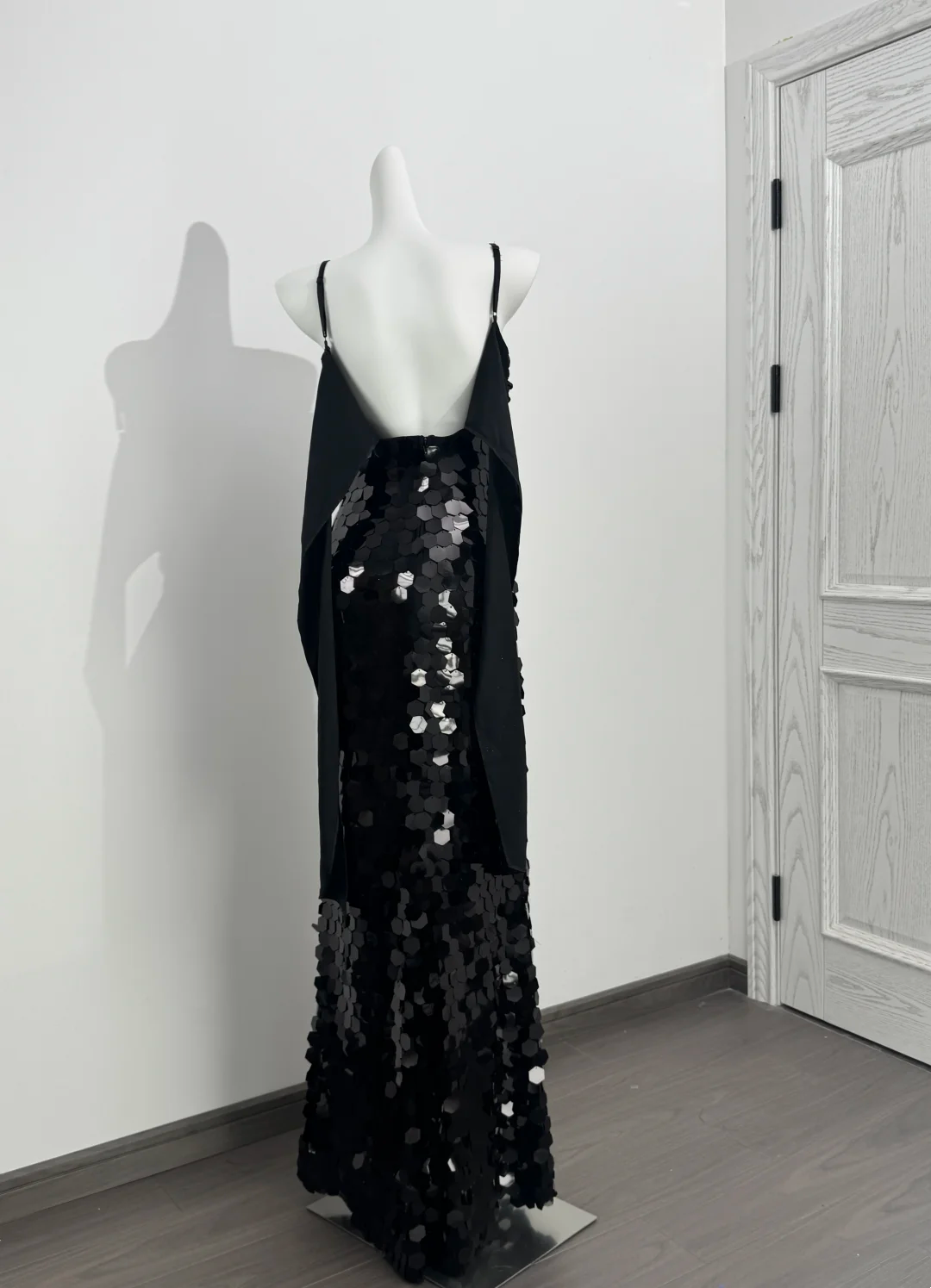 Black Spaghetti Strap Sequin Cinched Waist Fitted Sexy Prom Dress, Evening Gown gh7214