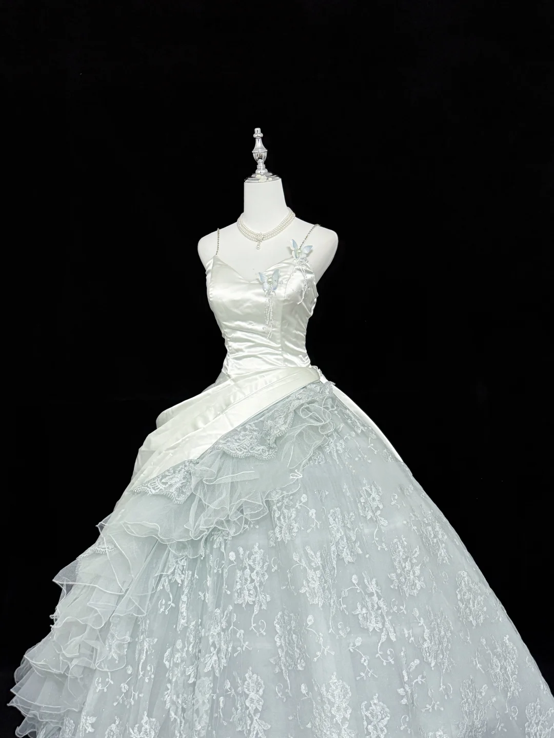 Sage Green Spaghetti Strap Cinched Waist Voluminous Skirt Long Romantic Dress, Wedding Gown gh7888