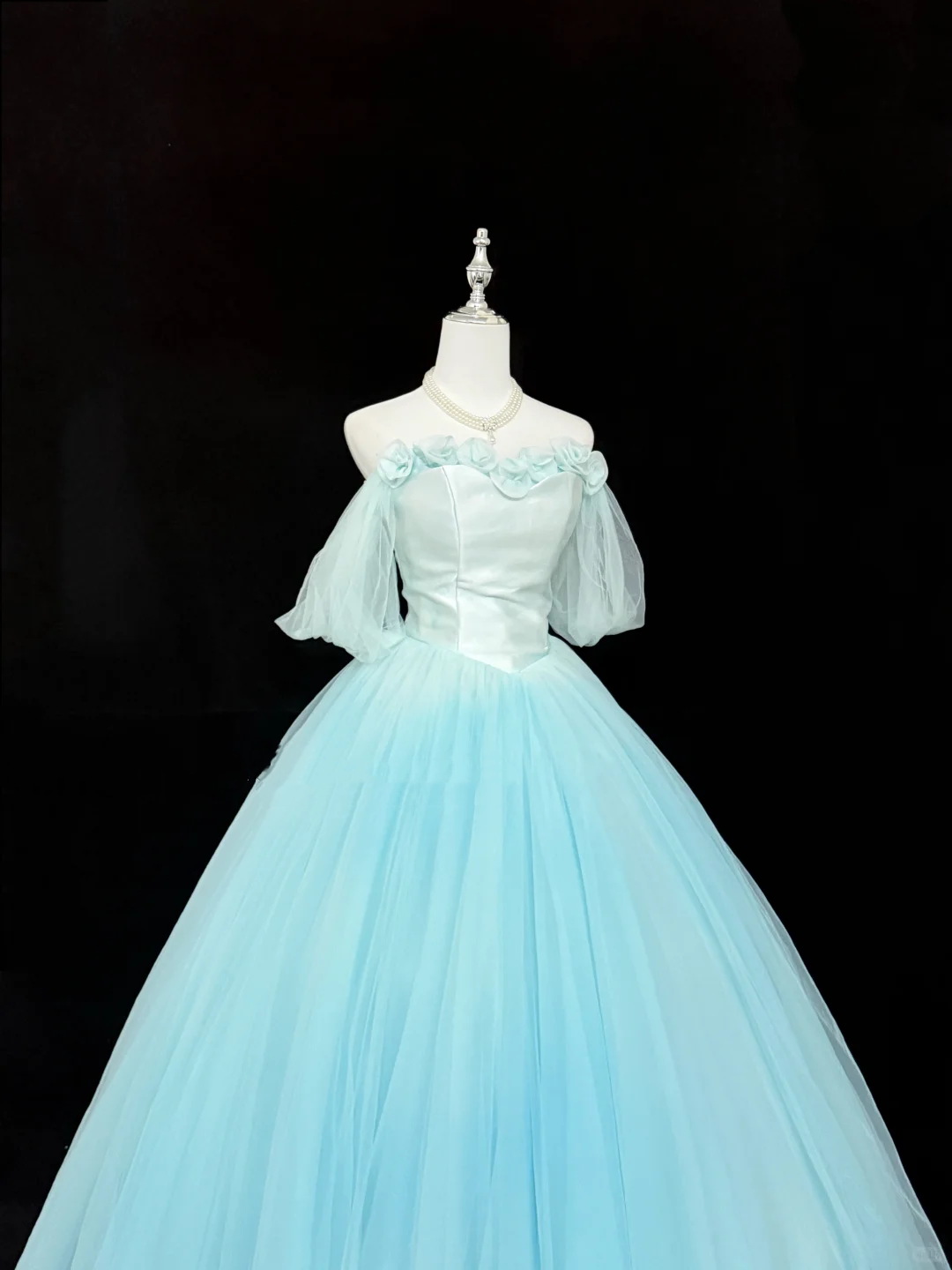 Light Blue Off-the-Shoulder Cinched Waist Voluminous Princess Skirt Long Romantic Dress, Wedding Gown gh7890