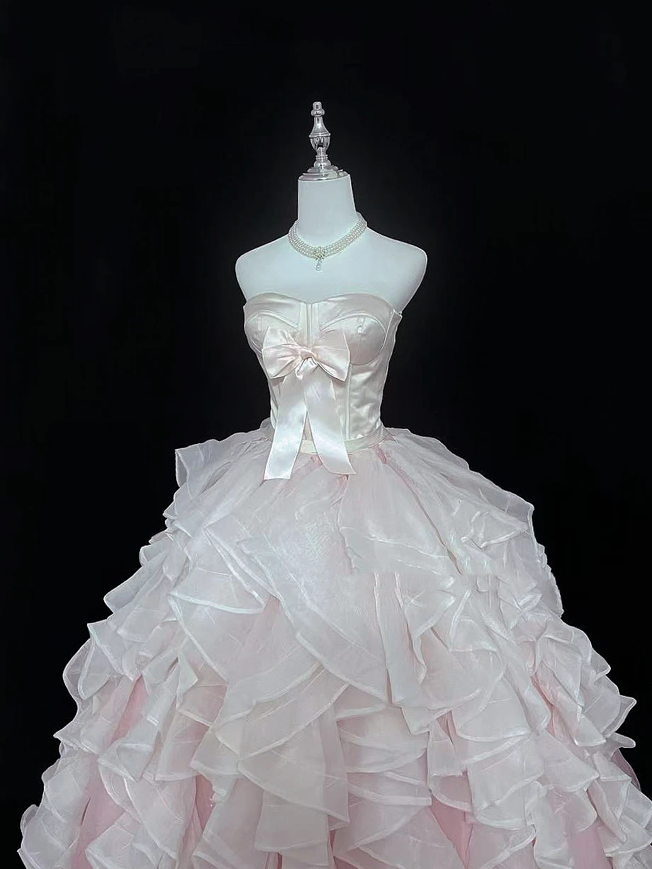 Blush Pink Satin Strapless Cinched Waist Voluminous Stylized Skirt Long Romantic Dress, Wedding Gown gh7979