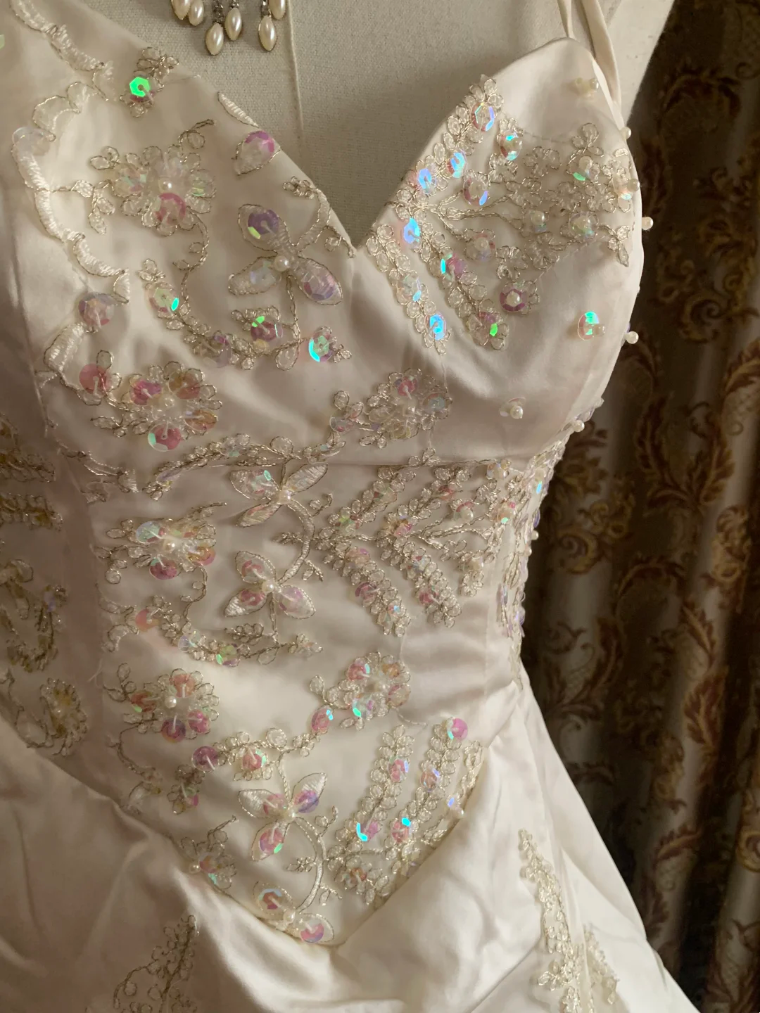 Ivory Vintage Spaghetti Strap Beaded Waist-Cinched Voluminous Skirt Prom Dress, Birthday Gown, Wedding Dress gh7260