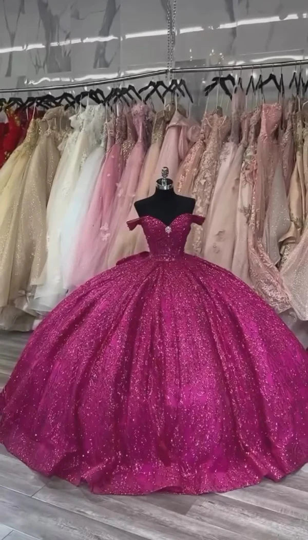 Robe de bal fuchsia à sequins épaules dénudées : tulle pailleté épais, décolleté en cœur, taille cintrée, robe de princesse pour banquet (gh6588)