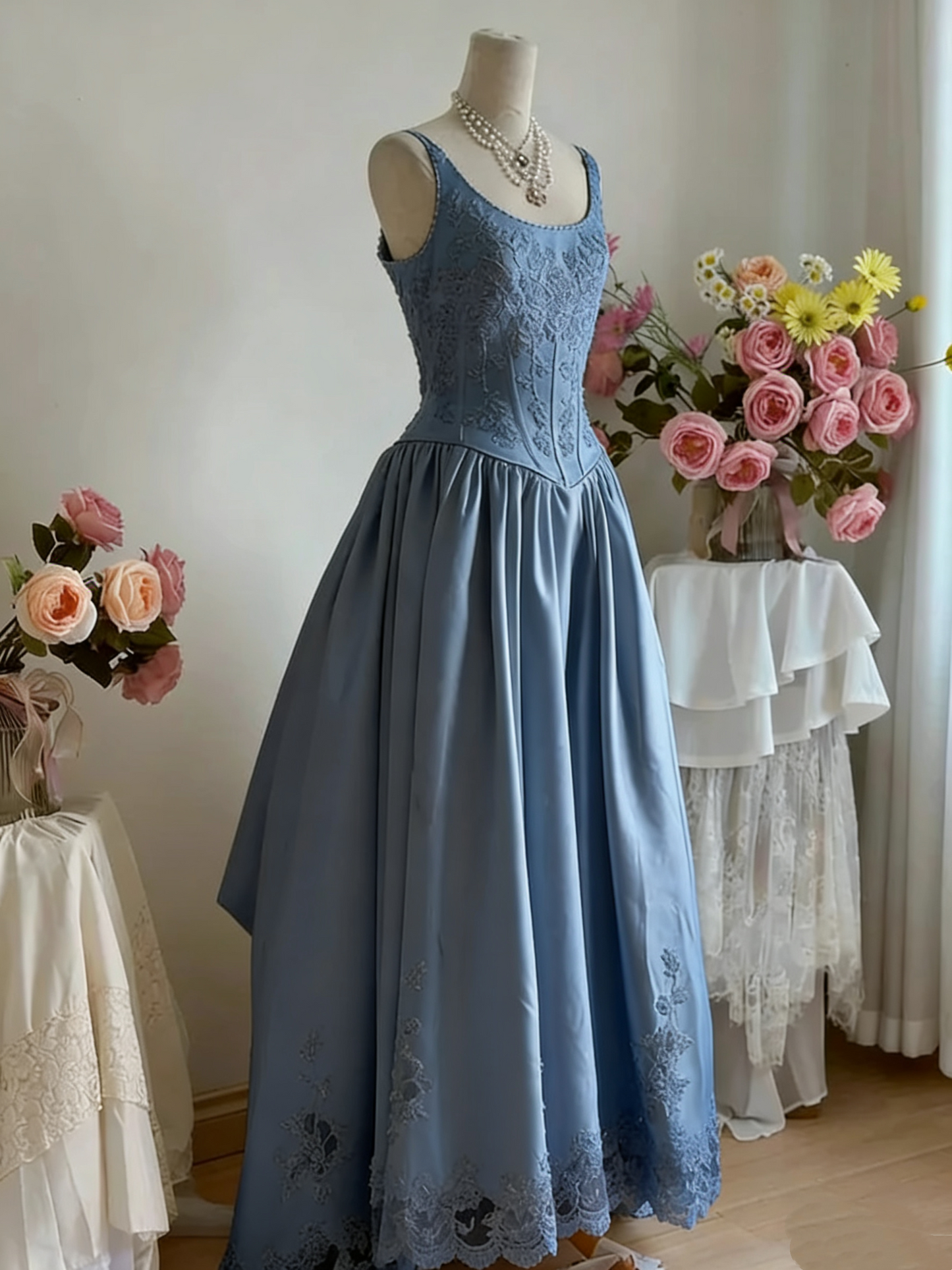 girlhomeshops--White lace retro elegant long satin dress gh5704