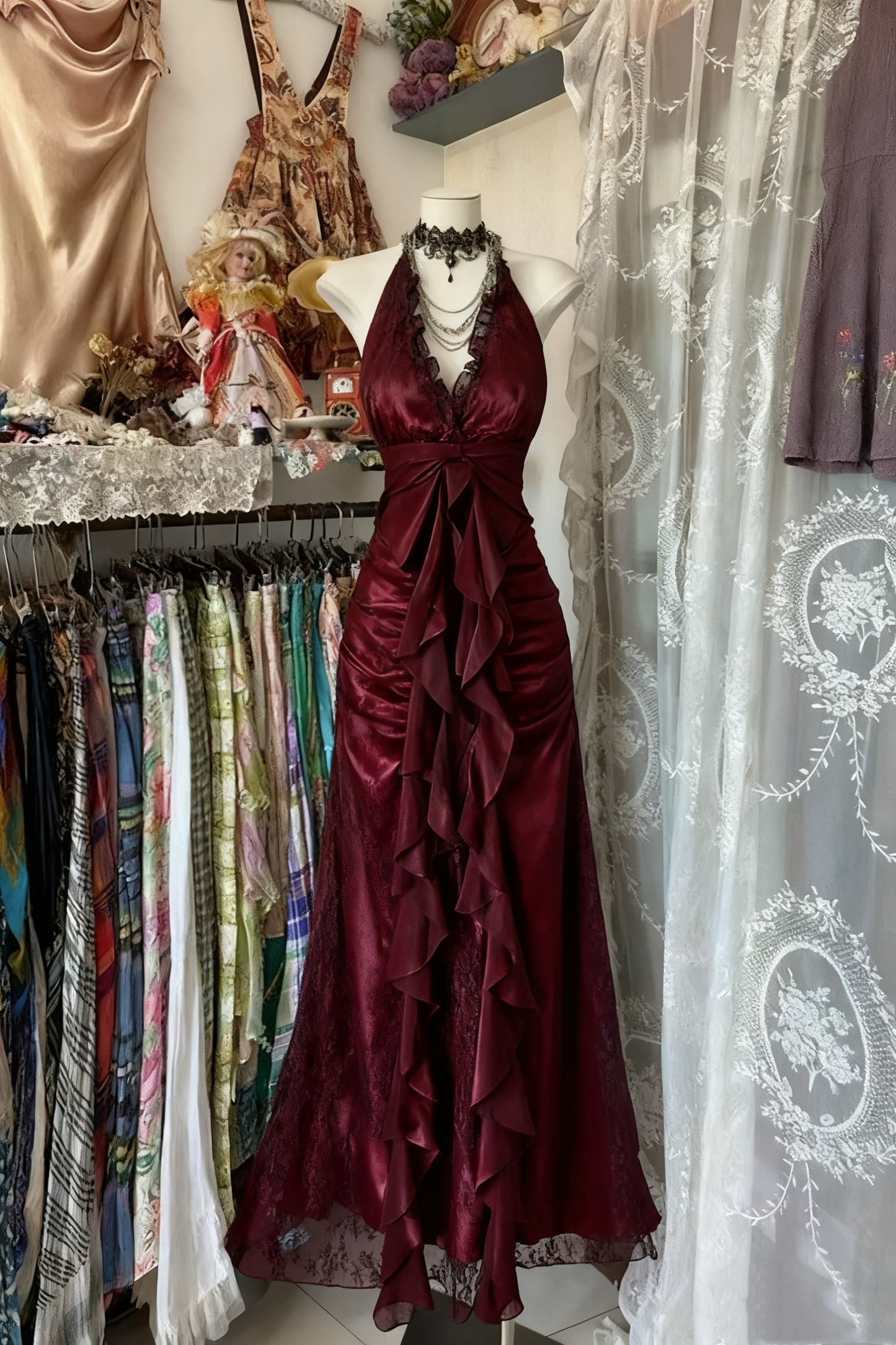 Robe de soirée longue en mousseline de soie et tulle, dos nu, style vintage, noire et rouge, gh4244