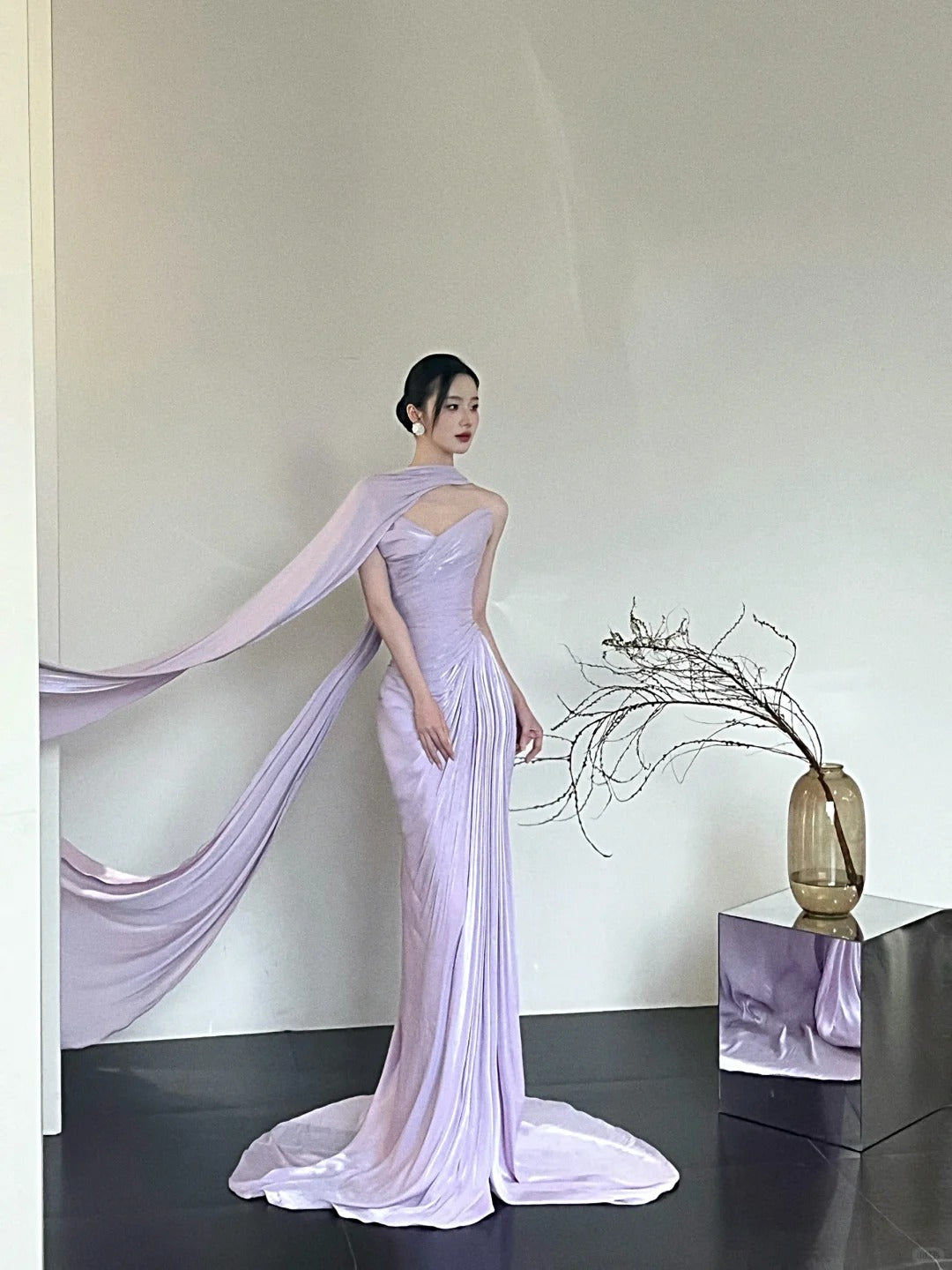 Robe de soirée sirène en satin, élégante et romantique, violette, à la mode, longue, slim, longueur au sol, traîne, robe de bal, gh3734