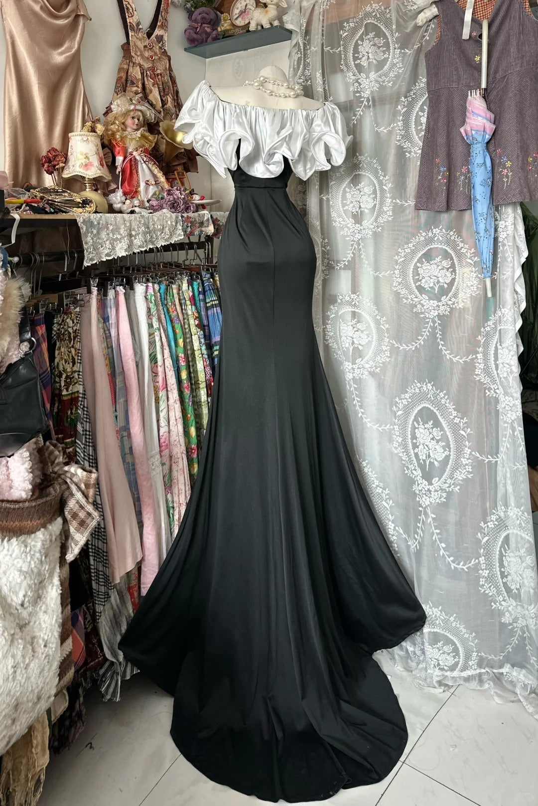 girlhomeshops-Schwarz-Weißes langes bodenlanges Satin-Abendkleid gh6234