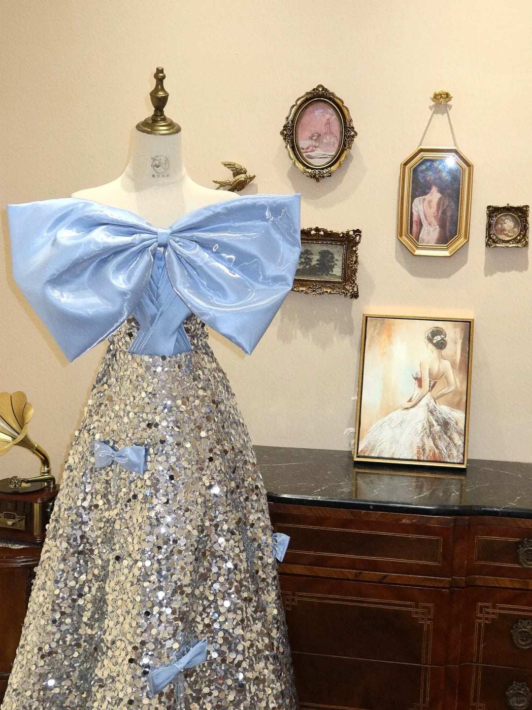 Blaues glänzendes silbernes süßes, süßes langes Pailletten-Ballkleid, Abendkleid, Abschlussballkleid, Geburtstagskleid, gh4243