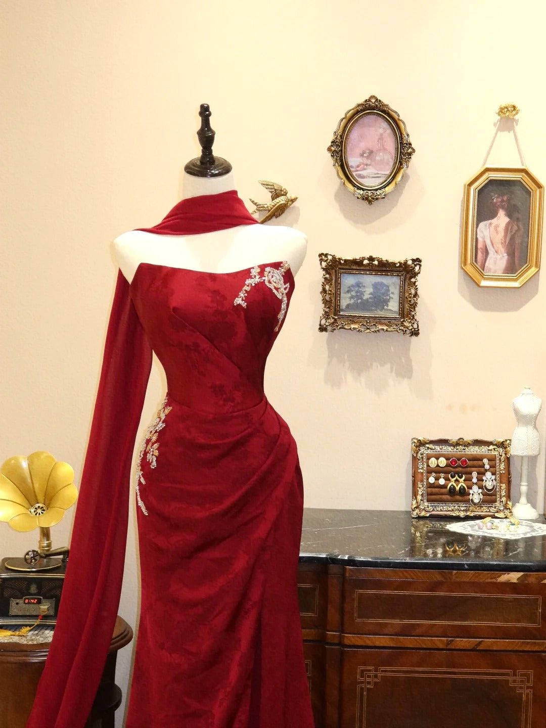Robe de soirée sirène longue rouge à fleurs appliquées, élégante et fine, gh4238