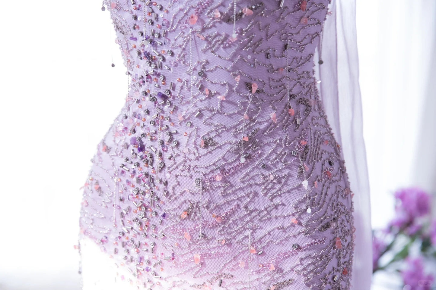 Robe de soirée longue en mousseline de soie, élégante et romantique, violet clair, avec perles, pour anniversaire, mariage, fête, bal, gh4022
