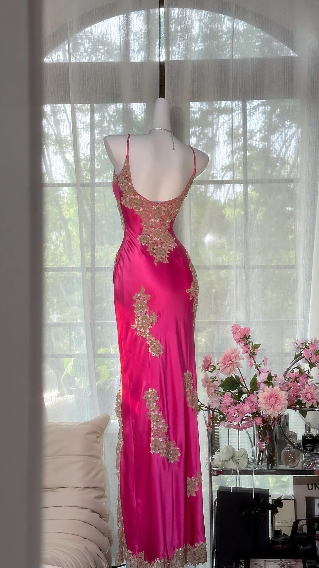 Rosa geblümtes Ballkleid, lang, Satin, Date-Kleid, Abendkleid, Geburtstagskleid, Hochzeitskleid, gh4533
