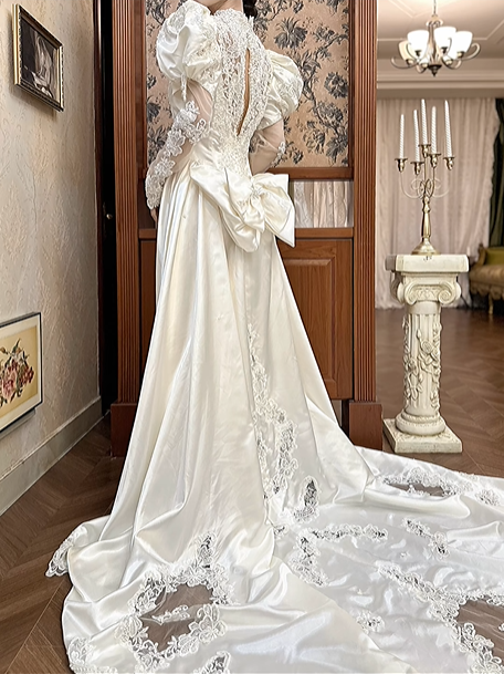 Ivory Vintage Satin Wedding Prom Dress, Square‑V Neck, Leg‑of‑Mutton Puff Sleeves, Lace Appliqués, A‑Line Scalloped Lace Long Train gh8673