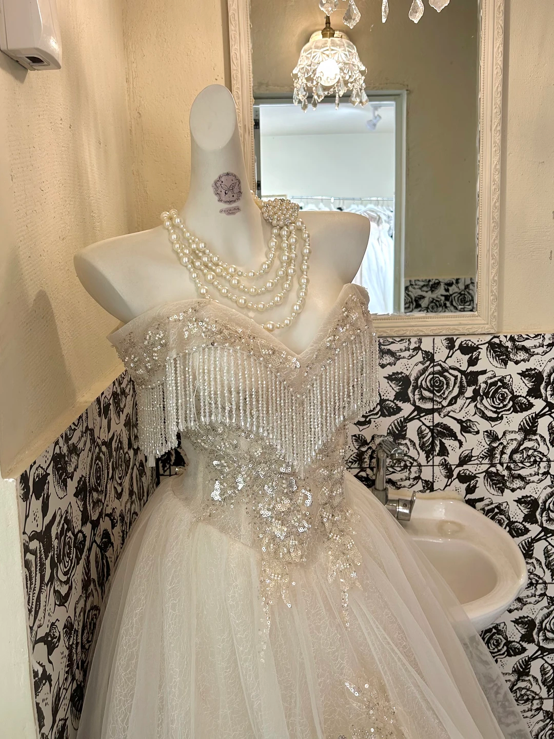 Ivory Strapless Tasseled Waist-Cinched Voluminous Skirt Long Romantic Dress, Wedding Gown gh7744