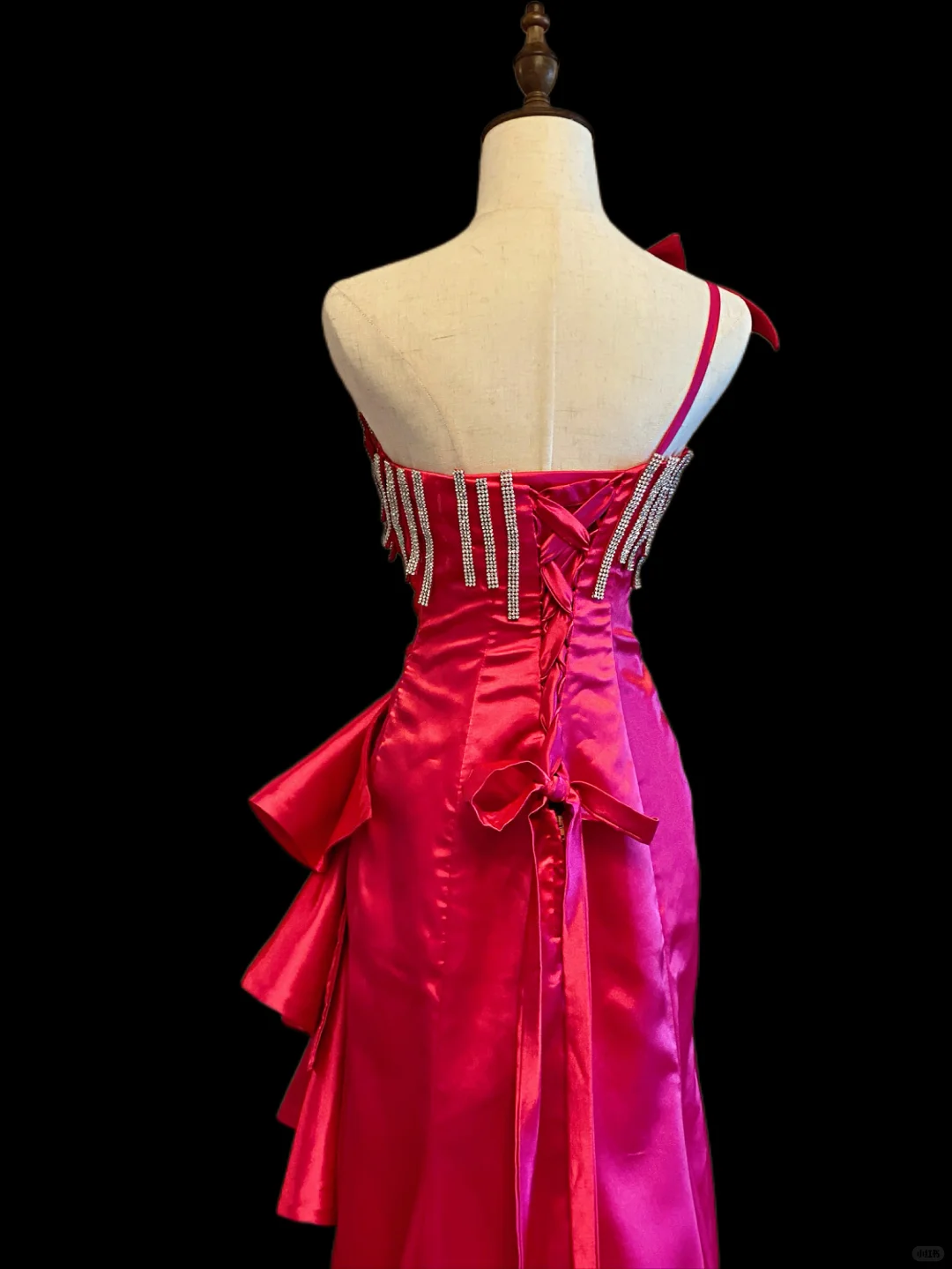 Fuchsia Satin One‑Shoulder Mermaid Evening Gown, Rhinestone Bow Ornament, Vertical Rhinestone Fringe Bust, Side Cascading Ruffle With Floral Crystal Buckle, Mermaid Silhouette With Short Train, Pageant Prom Dress gh8906