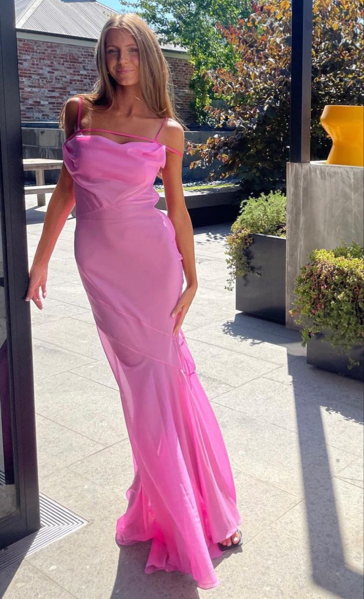 Robe de soirée longue en tulle à bretelles roses gh3068