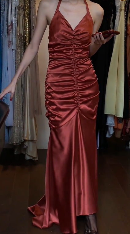 Halter V Neck Caramel Satin Mermaid Prom Dress Ruched Front Formal Evening Gown gh9802