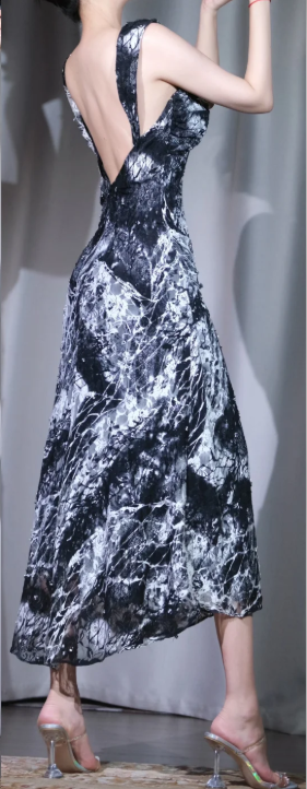 ✨Girlhomeshops-Wide Strap Black White Ink Print Midi Cocktail Dress gh10001