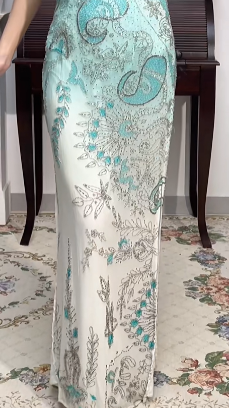 Mint‑Green‑White Ombré Vintage Halter Prom Gown, All‑Over Hand‑Beaded Embroidery, Geometric & Floral Motifs, Fitted Bodycon Mermaid Silhouette, Side High Slit, Evening Prom Dress gh8817